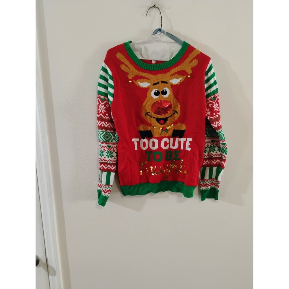 No Boundaries Christmas Reindeer Sweater Red Too Cute To Be Naughty Large 11-13